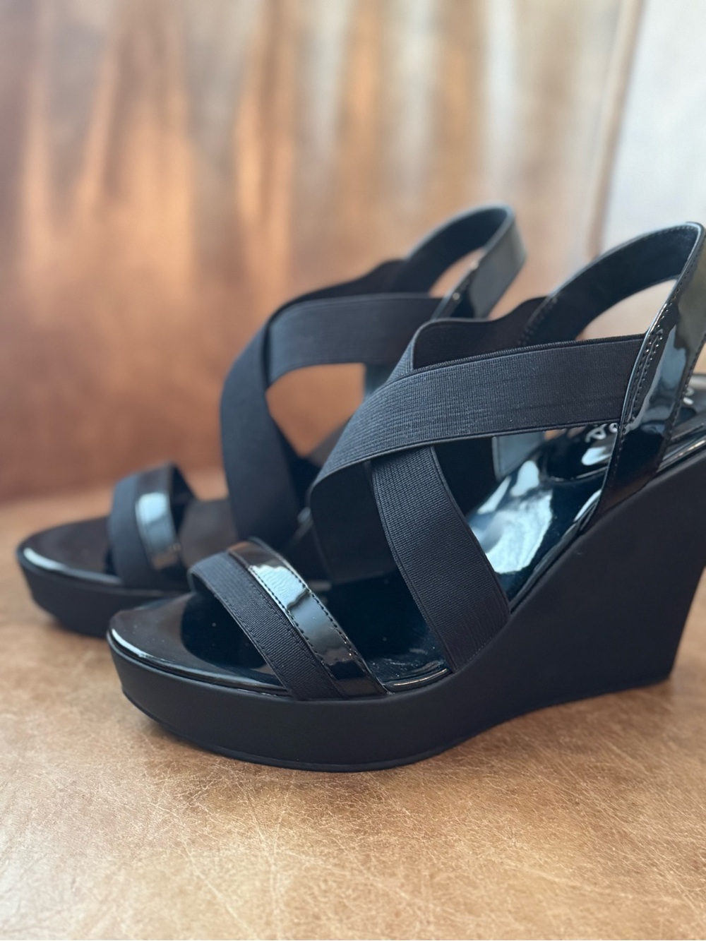 Charles By Charles David Black Crisscross Elastic and Patten Wedge Sandals